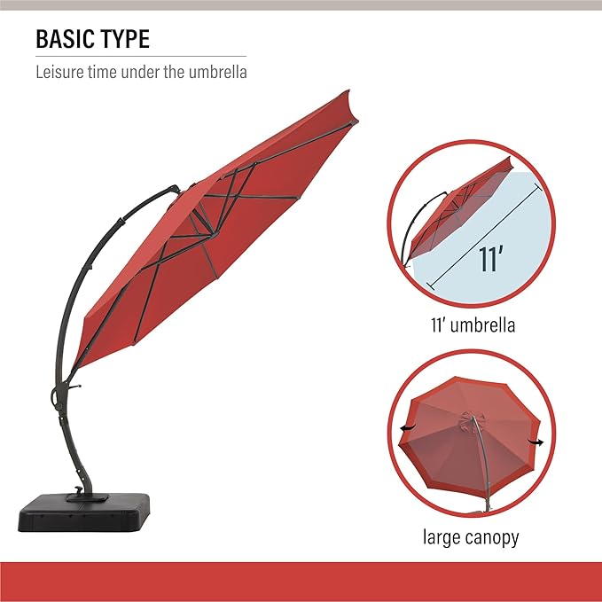 EO Living Outdoor Patio Umbrella with Base included, 11 FT Deluxe Curvy Cantilever Umbrella Heavy Duty Offset Hanging Umbrella with 360° Rotation for Pool, Garden, Backyard, Deck (Red)