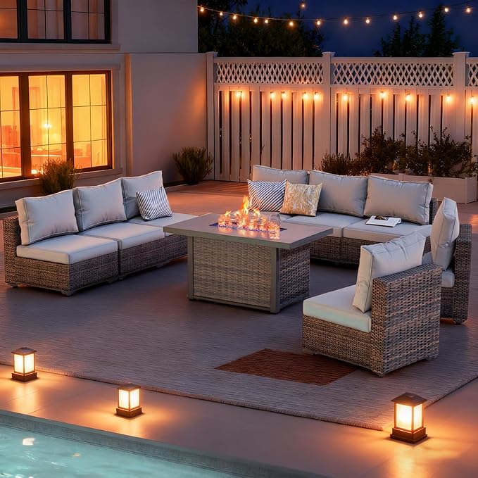 9 Piece Patio Furniture Set with 42" Fire Pit Table, Outdoor Wicker Rattan Sectional Sofa Set, Patio Conversation Set with Thickened Cushions (Grey)