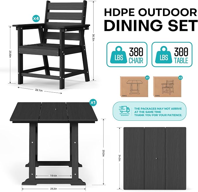 5 Piece Patio Dining Set, HDPE All-Weather Furniture with 4 Chairs & 1 Square Table, for Backyard, Garden, Garden, Black