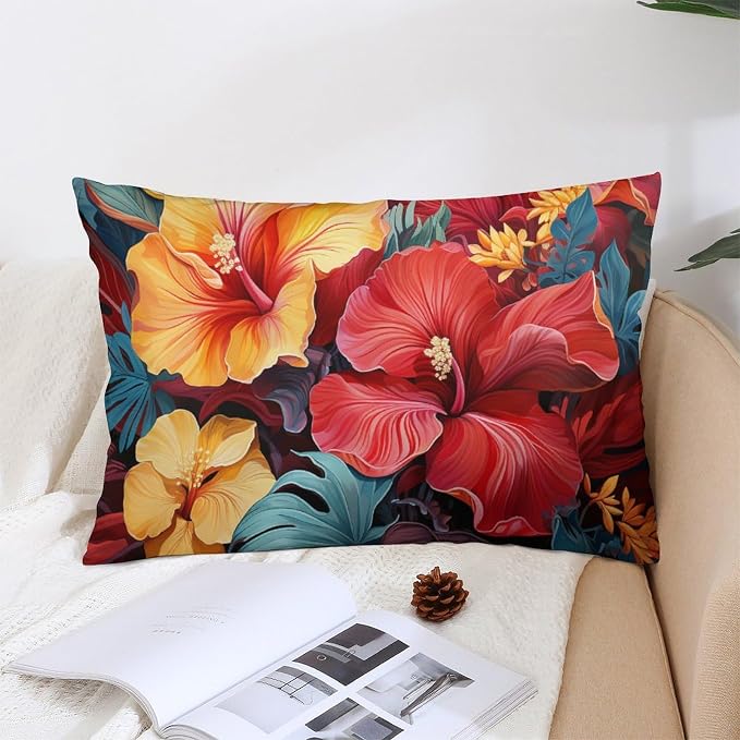 Outdoor Pillows for Patio Furniture Tropical Flower Printed with Colorful Leaves Cushion Case Hawaiian Flower Queen Pillowcase Pillowcase Queen Zippered for Sofa/Couch/Porch 12 "x20