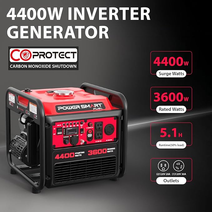 PowerSmart 4400W Open Frame Inverter Generator, Gas Powered, CO-Sensor, Lightweight & Quiet for Home Use and Emergency Backup, Camping, EPA Compliant