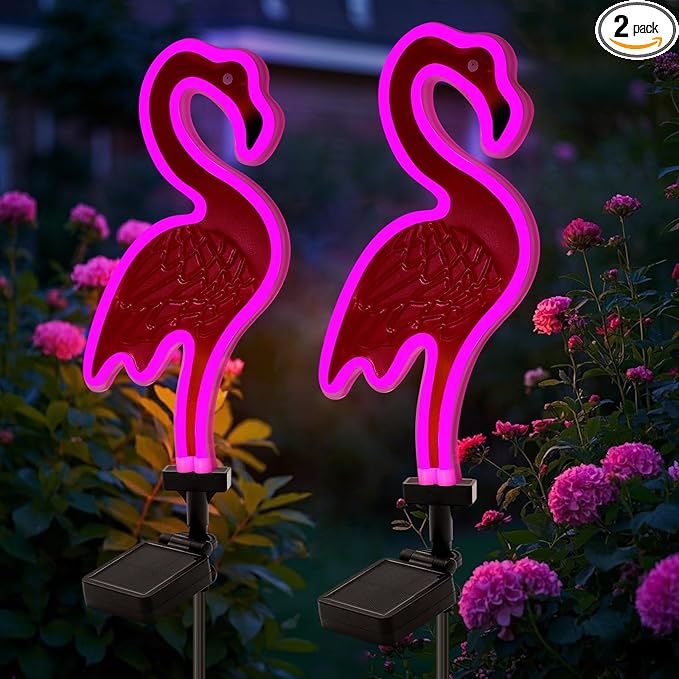 Solar Flamingo Pink Neon Light, 2Pack Pink Flamingos for Yard, Flamingo Gifts for Mothers Day Mom Women Path Light for Lawn Patio Walkway Decor