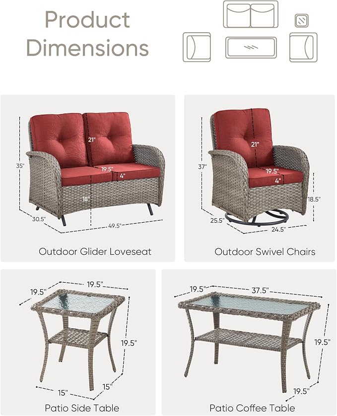 5 Pieces Patio Furniture Set-Outdoor Rocking Chairs Set of 2 Outdoor Glider Bench with Wicker Outdoor Coffee Table for Deck Lawn Porch Balcony Poolside-Grey/Red