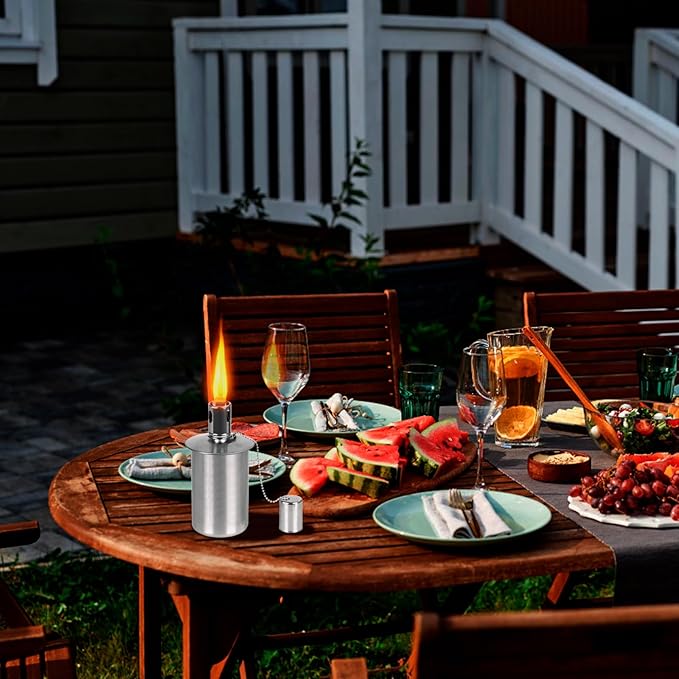 Stainless Steel Torch Canister - 12oz Metal Table Top Torches for Outside - Torch Replacement Canisters with Wick and Covers - Outdoor Torch Patio Yard Holiday Decorative Lighting