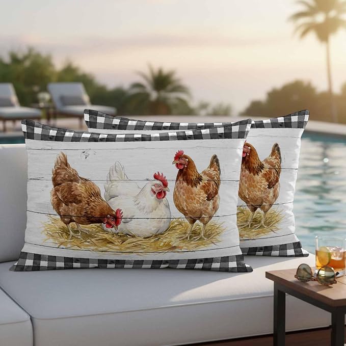 Farmhouse Rooster Outdoor Waterproof Pillow Covers, Farm Chicken Animals Retro Grey Wooden Decorative Rectangle Throw Pillowcase Sofa Cushion Sham for Patio/Couch/Chair, 20"x12" 2 Pack