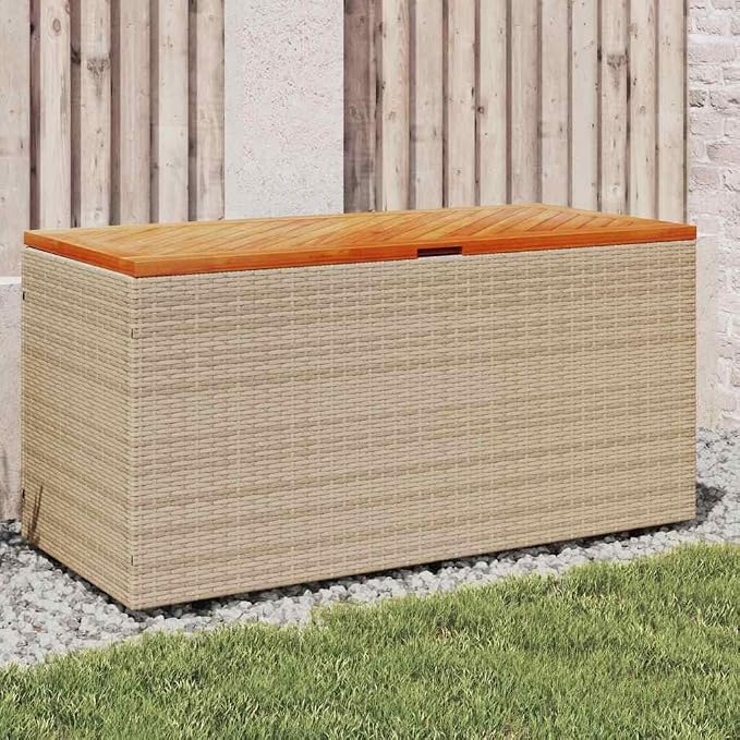 Modern Rectangular Garden Storage Box in Beige and Brown, Water-Resistant and UV-Resistant Outdoor Storage Solution with Smooth Closing Mechanism for Patio Balcony Sunroom