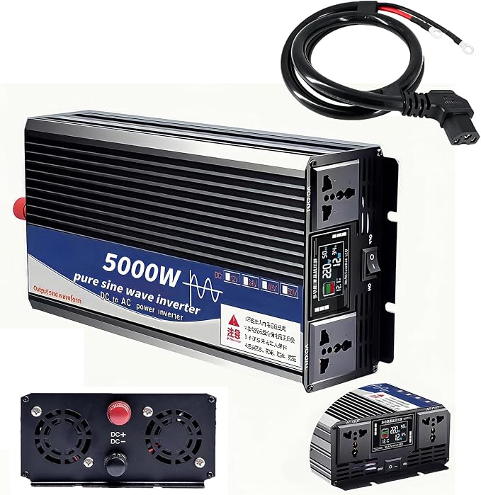5000W Power Inverter 72V DC to 110V AC Converter with LED Display Dual AC Outlets Dual Fans Radiating for RV, Camp, Boat and Home Emergency Portable Pure Sine Wave Inverter (Smart Screen, 5000W 72V)