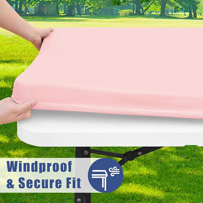 Moosfor Spandex 5 Foot Rectangle Table Cloth 2 Pack, Elastic Fitted Tablecloths for Picnic, Stretch Washable Patio Table Cover for Outdoor, Camping, Banquet and Parties (Pink, 30"x60")