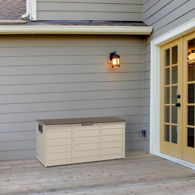 Brown 75 Gallon Outdoor Storage Deck Box, Patio Storage w/Lockable Storage Bench for Patio Furniture, Outdoor Cushions, Garden Tools & Sports/Pools Organization 260L 44"L x 21.3"W x 19.3"H