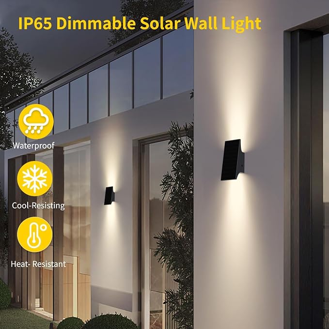 Solar Wall Light Outdoor Waterproof Up and Down, 3000K Solar Light | 4-Level Brightness, Dusk to Dawn Solar Sconce Light, Easy to Install, Outdoor Solar Lights for Yard Patio Garage Porch Decor