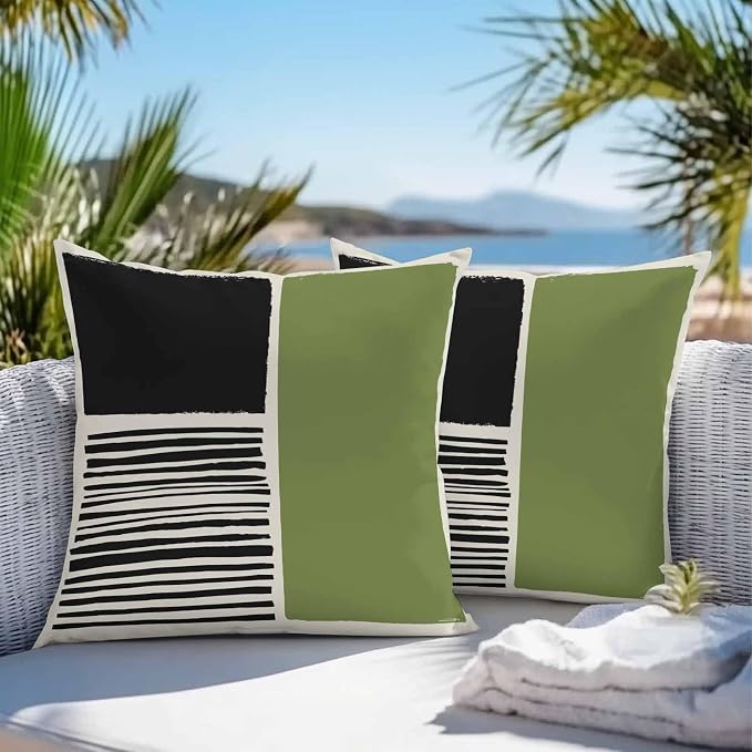 Throw Pillow Covers 26x26 Inch Set of 2, Sage Green Black Waterproof Outdoor Pillow Covers, Farmhouse Striped Modern Abstract Art Decorative Cushion Pillowcases for Couch, Sofa, Bed, Garden, Patio