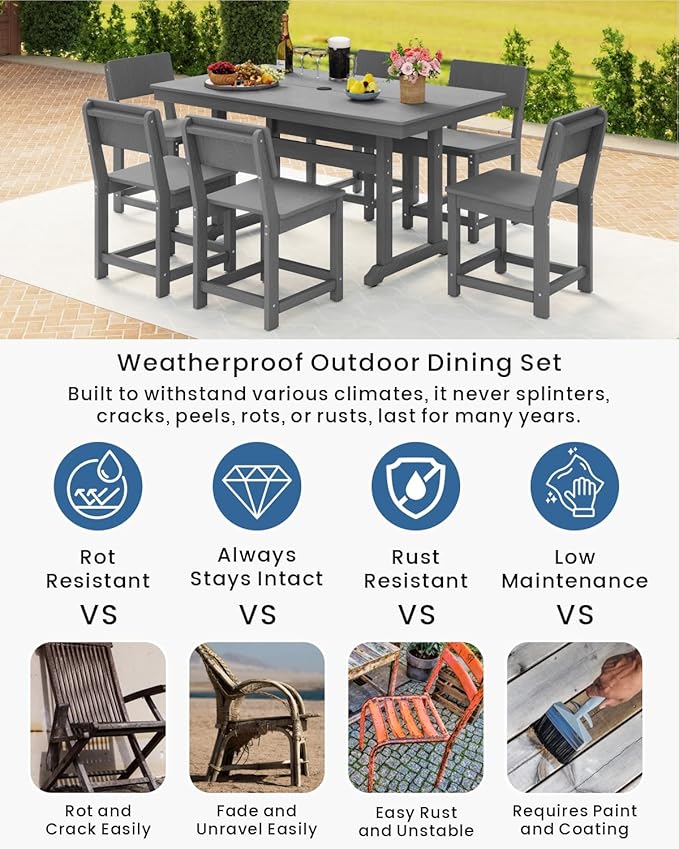 7-Piece HDPE Outdoor Dining Set, Weatherproof Patio Table and Chairs for 6, Outdoor Dining Table Set for Outside Deck Backyard Garden, Grey