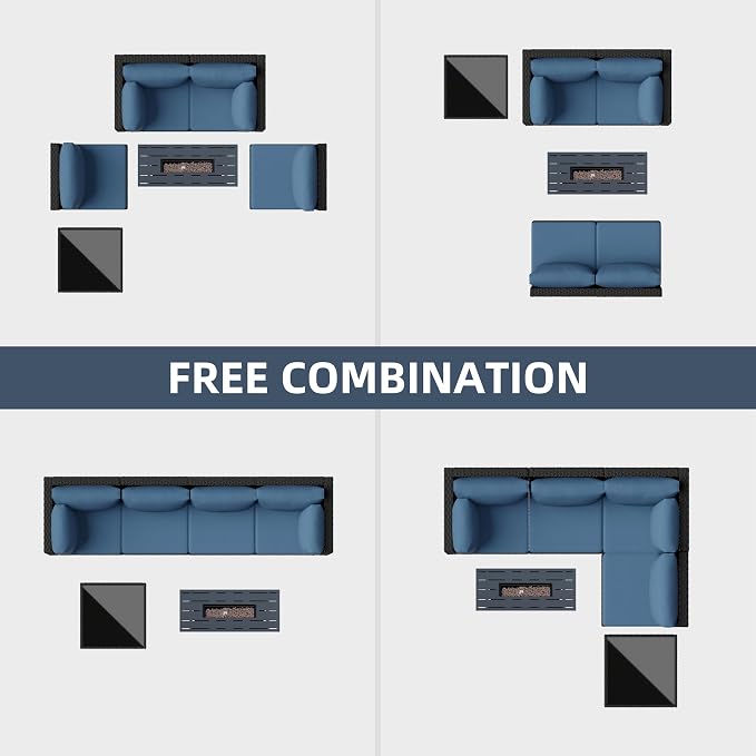 SUNLEI 5 Piece Outdoor Patio Furniture Set with Fire Pit Table, Black PE Rattan Wicker Conversation Sofa Set with Blue Cushions, All Weather Sectional Patio Couch for Backyard, Deck, Garden, Porch