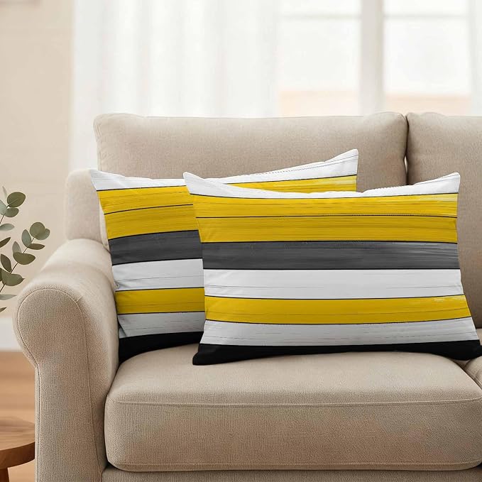 Yellow Black Outdoor Pillow Covers 20"x12" Set of 2, Striped Gradient Wood Grain Modern Art Waterproof Throw Pillow Covers for Patio Furniture, Decorative Cushion Covers for Porch