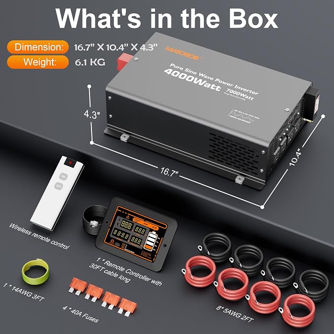 Pure Sine Wave Inverter 4000 Watt,12V DC to 120V AC Inverters,Surge 7000 Watt for RV,Truck,Solar,Home,Power Inverter with Dual Remote Control,35A Hardwire Port,4 AC Outlets, 36W USB-C, 5V 3.6A USB