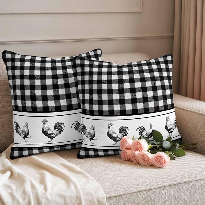 Outdoor Waterproof Throw Pillow Covers Set of 2 Chicken Cock Rooster Pillowcases 18x18 Inches Farmhouse Animal Black Buffalo Plaid Decorative Pillows Cushion Case Patio Pillows for Couch Bed Chair