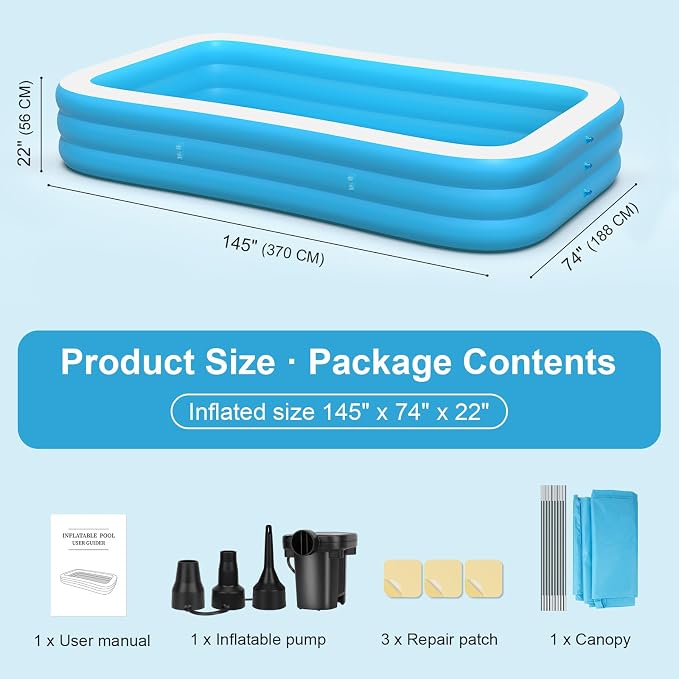Extra Large Inflatable Pool with Canopy Pump, 145" x 74" x 22" Large Blow Up Pool for Adults Family, Full Size Inflatable Swimming Pool with Big Shade for Backyard Outdoor