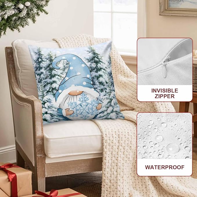 Christmas Gnome Outdoor Pillow Covers Set of 2, Xmas Blue Snowflake Decorative Waterproof Throw Pillowcase Winter Snowy Pine Forest Cotton Linen Soft Cozy Cushion Cover Pillowsham 20x20In