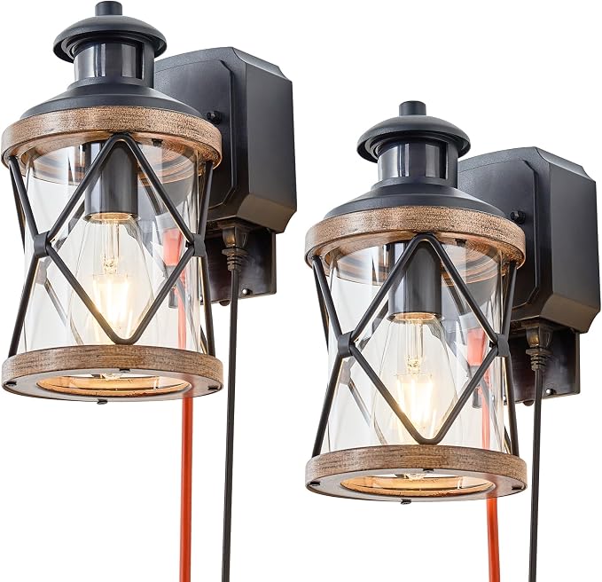 Dusk to Dawn Motion Sensor Outdoor Porch Light with GFCI Outlet,3 Lighting Modes Anti-Rust Waterproof Industrial Outdoor Lantern,Exterior Work lights Rustic Wood-Like Finish Wall Light (Brown, 2 Pack)