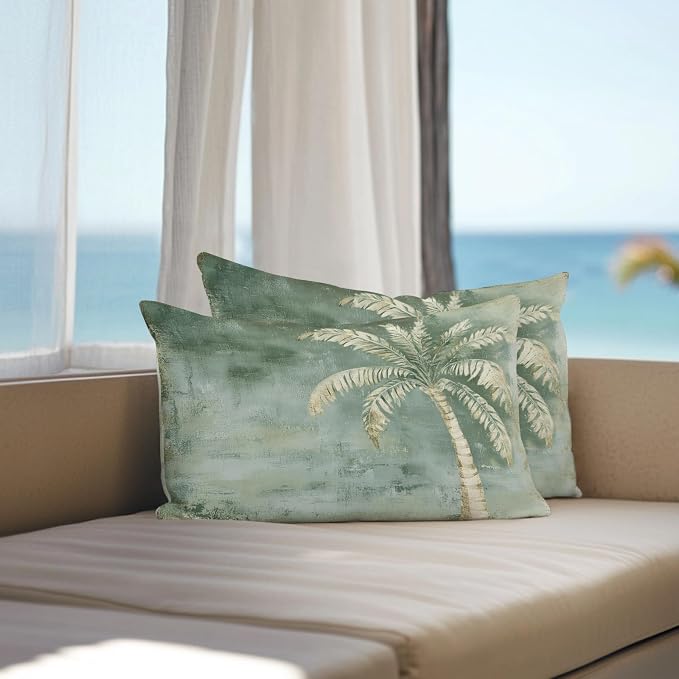 Coastal Beach Tree Sage Green Outdoor Waterproof Pillow Covers, Vintage Summer Palm Tropical Botanical Decorative Rectangle Throw Pillowcase Sofa Cushion Sham for Patio/Couch/Chair, 20"x12" 2 Pack