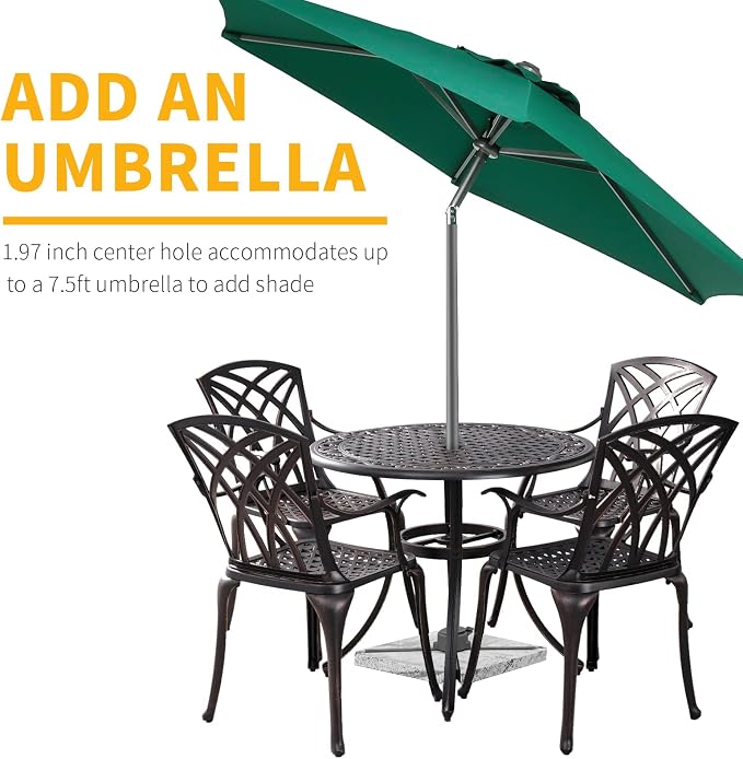 5 Pieces Outdoor Patio Dining Set, 36" Metal Outdoor Dining Set with 1.97" Umbrella Hole, Anti Rust Patio Furniture Set with 4 Chairs and Round Table for Garden, Porch and Poolside, Bronze