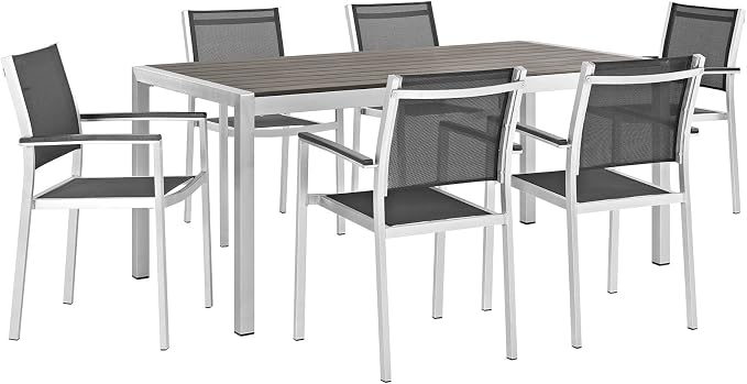 Modway Shore 7-Piece Aluminum Outdoor Patio Dining Table Set in Silver Black