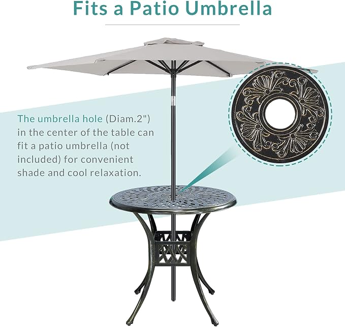 MEETWARM 3 Piece Patio Bistro Set, Outdoor All-Weather Cast Aluminum Dining Furniture Set Includes 2 Chairs and a 31” Round Table with Umbrella Hole for Garden Deck