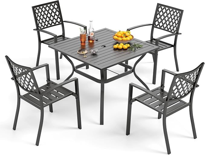PHI VILLA Patio Dining Set, 4 Stackable Chairs w/Square Metal Table | 37" square metal table w/ 1.57" umbrella hole. Rust-resistant e-coated frame. Easy assembly. Perfect for patio,deck