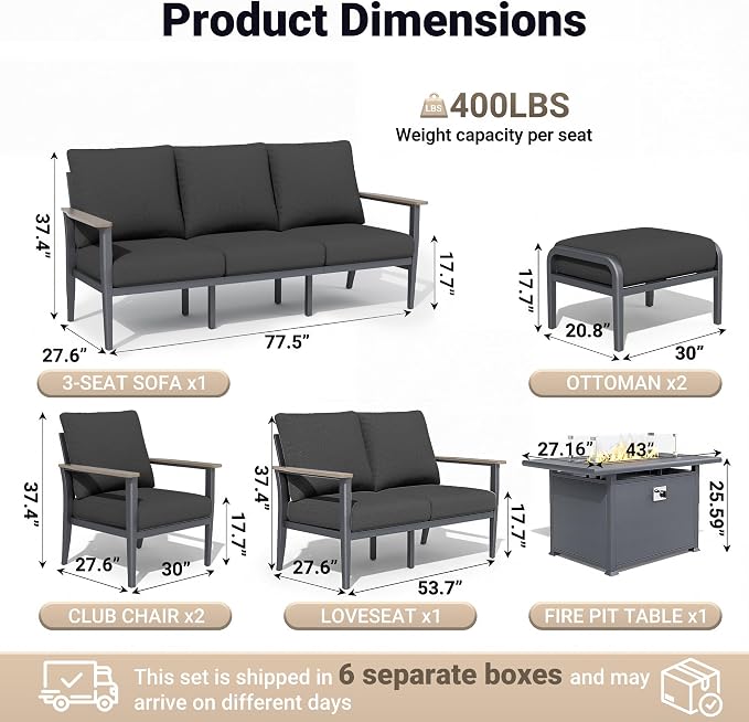 Aluminum Outdoor Patio Furniture Set, 7-Piece Sectional Sofa with 5.1" Thick Cushions, Ottomans, 55,000 BTU Propane Fire Pit Table, Outdoor Couch for Backyard, Deck, Black