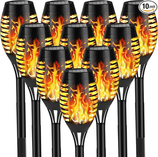 Solar Flame Lights Outdoor, 10 Pack Solar Torch Lights with Flickering Flame for Garden Decor - Waterproof Led Torches for Outside, Yard Light for Pathway Lawn Patio Halloween Decorations