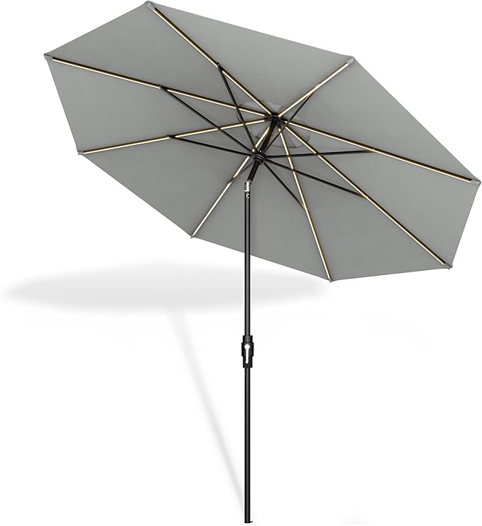 Midtown Umbrellas The LED Swilt 8 Feet Patio Umbrella With Terylast Matter (Grey) Polyester Fabric - Auto-Tilt Aluminum Frame With LED Lights For Backyard, Deck, Garden, Pool - Black Pole