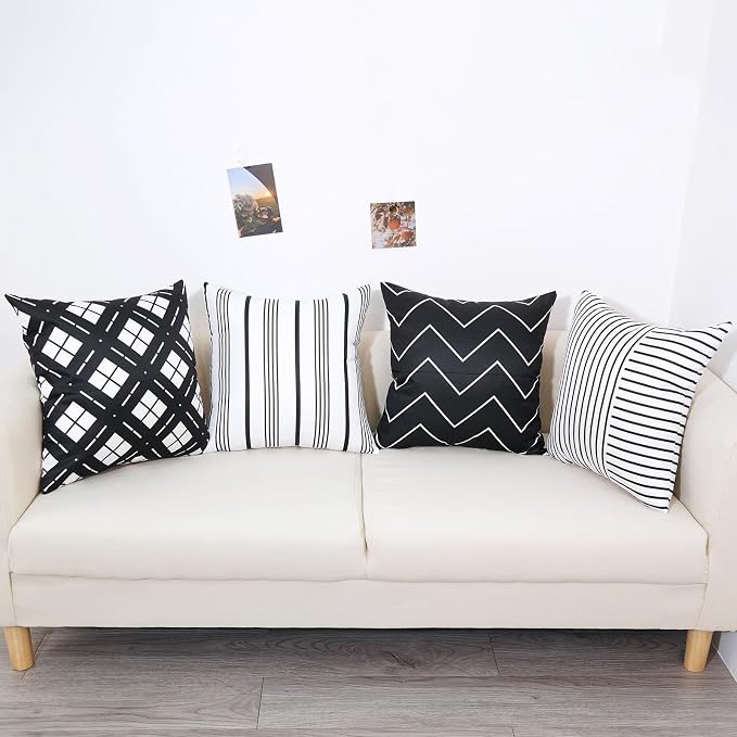 TAJWE Outdoor Waterproof Pillow Covers 20X20 Set of 4 Black and White Modern Geometry Stripe Decorative Cushion Cases for Patio Furniture Couch Porch Black