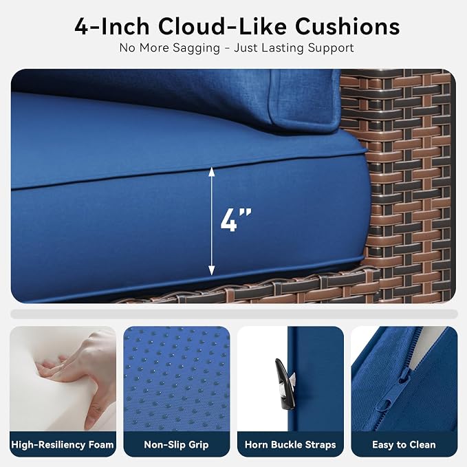 LazySunsets 7 Piece Outdoor Patio Furniture Set with Coffee Table, Outdoor Patio Furniture Sets with Thicken Cushion, Wicker Rattan Outdoor Conversation Set for Backyard & Garden, Blue
