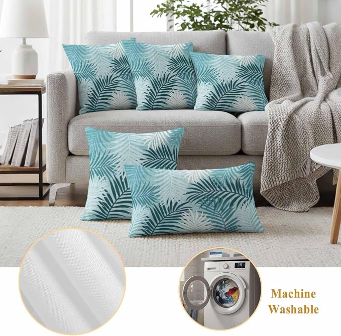 Turquoise Palm Leaves Waterproof Outdoor Pillow Covers Set of 2 Home Decor, Summer Tropical Leaf Plant Pillowcase Patio Pillow Covers for Couch Bench Patio Furniture Garden 18x18in
