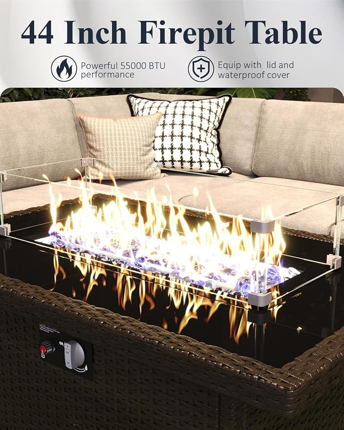 LayinSun 6-Piece Outdoor Modular Wicker Sectional Sofa with Fire Pit Table, Patio Furniture Conversation Set with Deep Seating and Thick Cushions