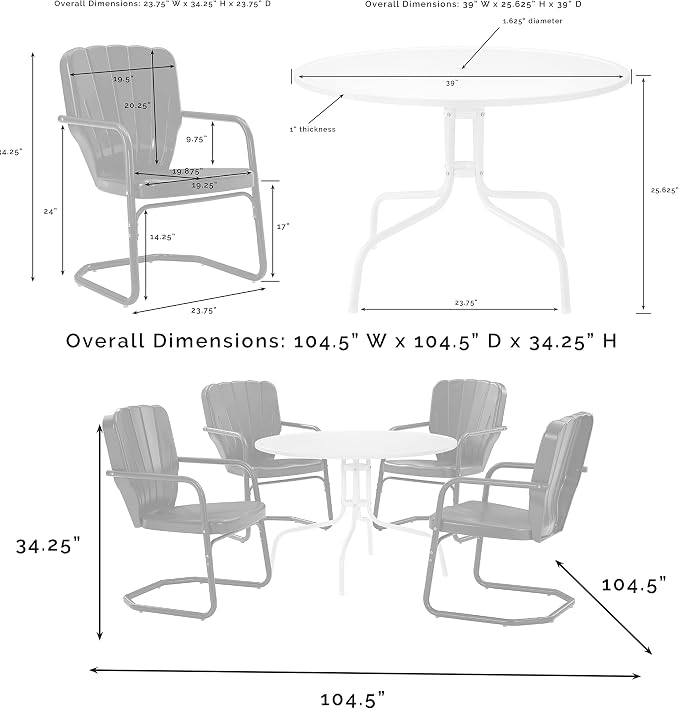 Crosley Furniture Ridgeland 5-Piece Outdoor Dining Set for 4, Retro Metal Round Patio Table and Chairs, Navy Gloss