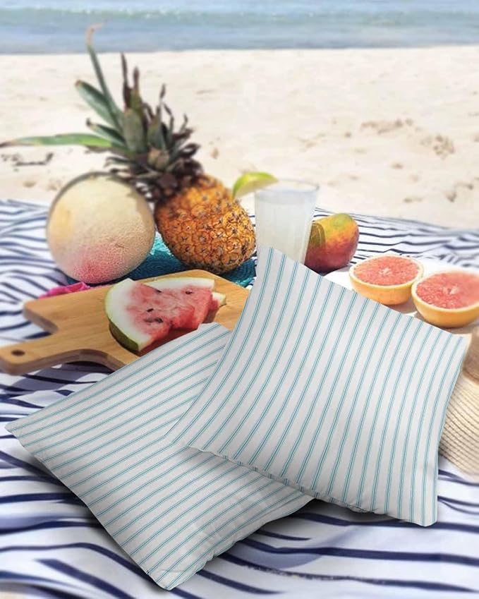 Outdoor Waterproof Throw Pillow Covers Set of 2 Teal Stripes Pillowcases 24x24 Inches Simple Style Patio Decorative Pillows Cushion Case Patio Pillows for Couch Bed Chair Garden