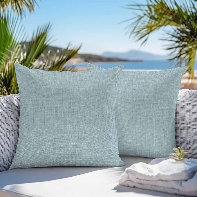 Vandarllin Outdoor Throw Pillows Covers 18x18 inch Set of 2 Waterproof Blue Linen Decorative Zippered Cushion Covers for Patio Furniture, Farmhouse Pure Color Lumbar Pillowcases