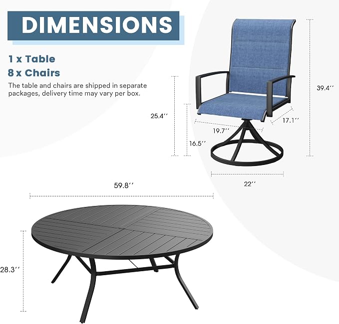 DIFY 9 Piece Outdoor Dining Set, Metal Patio Table and Chairs Set, 59.8" Black Round Dining Table & 8 Blue Padded Textilene Swivel Patio Chairs, Outdoor Furniture Set for Garden Backyard Porch