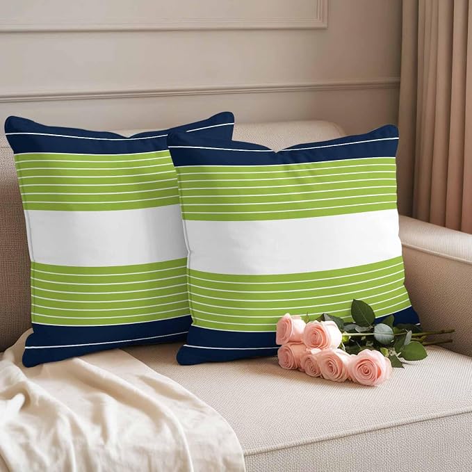 Outdoor Pillow Covers Set of 2, Navy Blue Green Striped Decorative Throw Pillow Covers 18X18IN, Gradient Watercolor Streak Throw Pillows Protector Cushion Case for Patio,Couch,Sofa,Garden