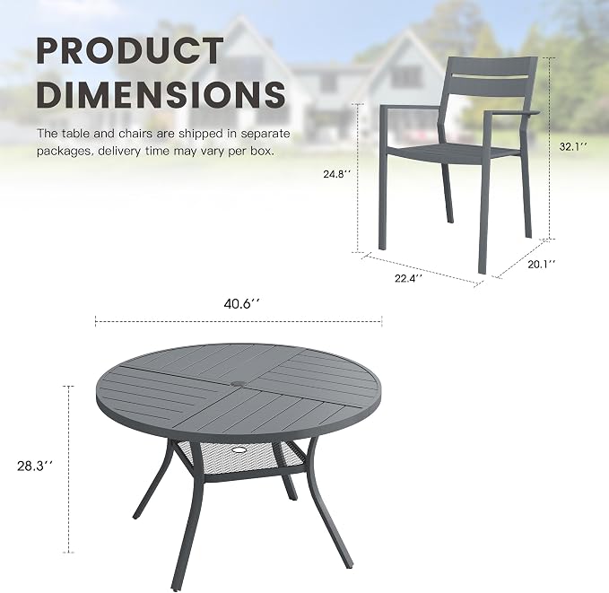 Patio Dining Set for 4, Round 40.7" Patio Dining Table and Stackable Outdoor Dining Chairs Outdoor Furniture for Backyard Porch Deck, Spliced Dark Grey Table and Grey Chairs