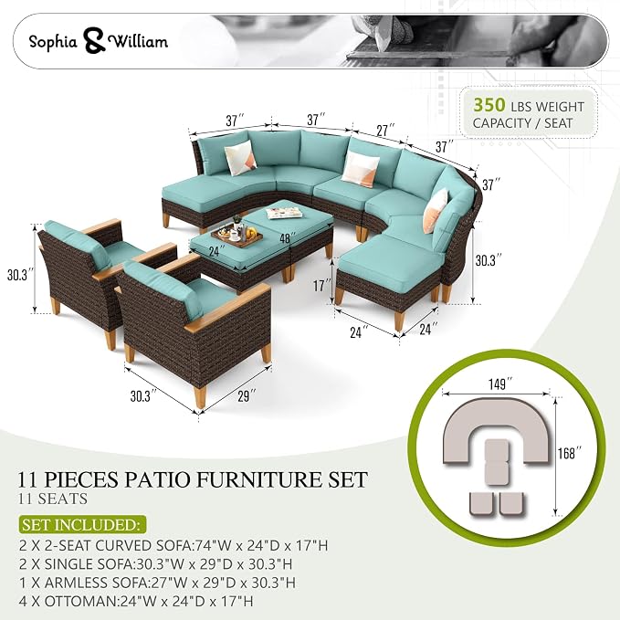 Sophia & William Outdoor Wicker Sectional Sofa Set, 10 Piece Half Moon Curved Patio Furniture Modern Round Outdoor Couch Conversation Set with Ottoman, Backyard, Deck, Garden Furniture(Aqua Blue)