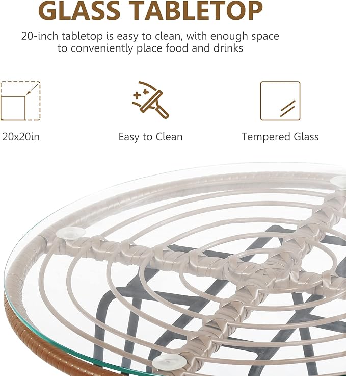 DORTALA 3 Piece Patio Bistro Set, Outdoor Wicker Furniture with Round Tempered Glass Top Table & 2 Rattan Armchairs, Cushions, Conversation Set for Porch, Backyard, Garden, Turquoise