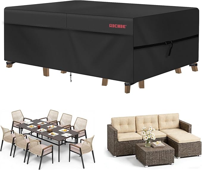 RICHIE Patio Furniture Covers, Waterproof Outdoor Table and Chair Set Cover, Rectangular Dining Table Cover, 128" L x 82" W x 28" H, Black