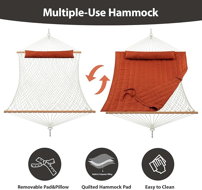 CHULIM Outdoor Double Hammock with Hardwood Spreader Bars, Large Rope Hammock with Polyester Pad and Pillow, 475 LBS Capacity for 2 Person Patio Backyard Poolside - Terracotta