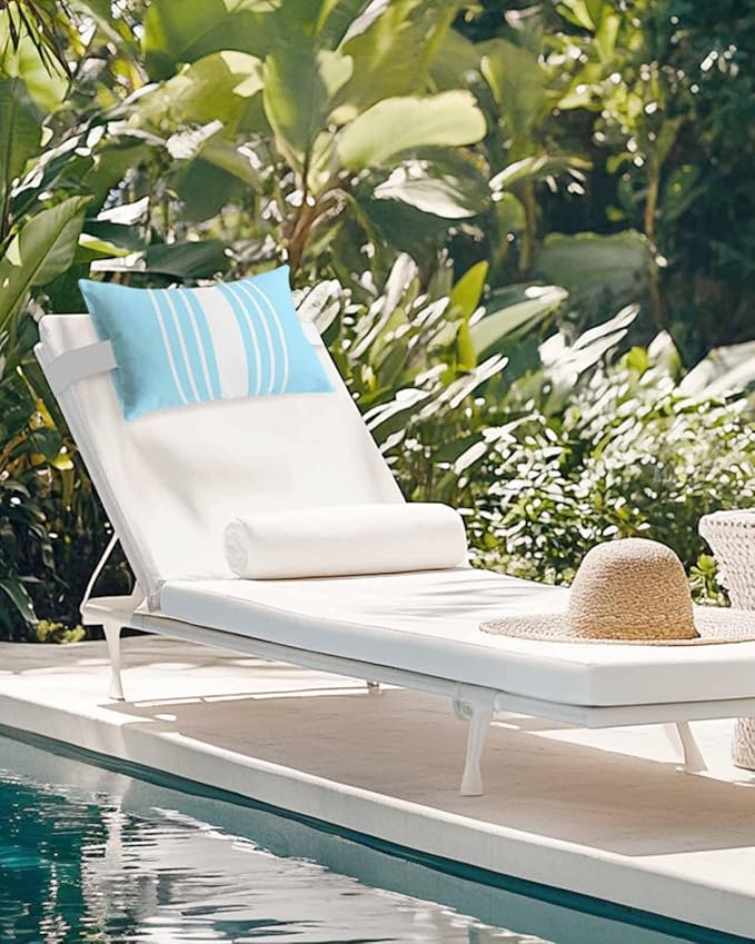 Chaise Lounge Chair Pillow with Strap & Insert Sky Blue Vertical Stripes Outdoor Recliner Head Pillow Pack of 2 Classic Striped Waterproof Headrest Patio Lumbar Pillow for Beach Office Chair 12x20
