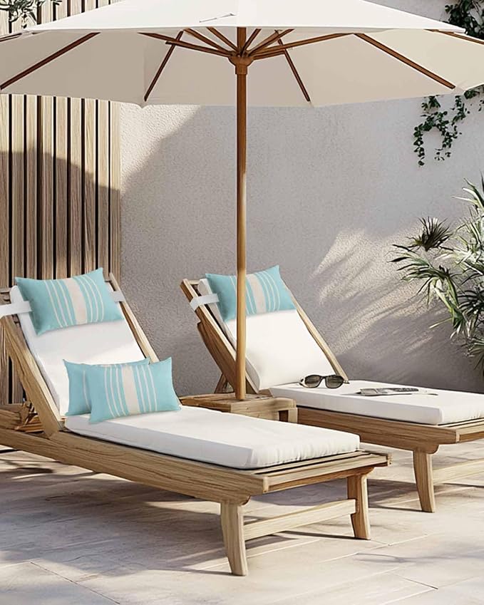 Pack of 4 Outdoor Lumbar Pillow Covers 12x20 Inch, Aqua Beige Striped Waterproof Throw Pillow Covers Set, Modern Farmhouse Retro Lines Indoor&Outdoor Decorative Cushion Cases for Patio Porch Beach