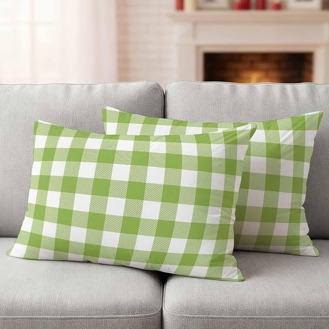 Outdoor Throw Pillow Covers,Farmhouse Plaid Design Waterproof Decorative Pillowcases Cushion Cover Green and White Grid Pillow Cases for Patio Couch Sofa Bed,20x12in Set of 2