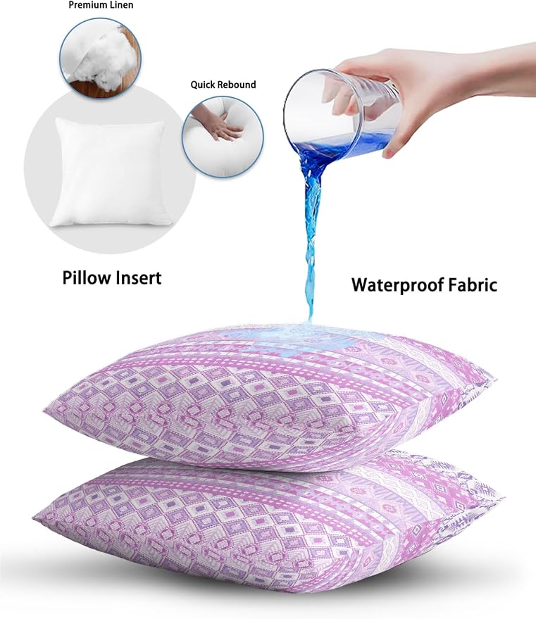 Waterproof Outdoor Pillow Set of 2 Purple Bohemian Decorative Throw Pillows Cover & Insert 16x16 Inch Pillowcase Boho Style Floral Leaves Geometric Pillows for Couch Sofa Bed Patio Furniture