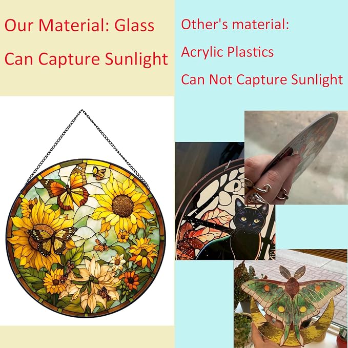 Sunflower Hanging Stained Glass for Windows,20cm/7.87inch Hand-Painted Sun Catcher Garden Hangings Christmas Mother's Day, Valentine's Day Ornaments Festival Gift